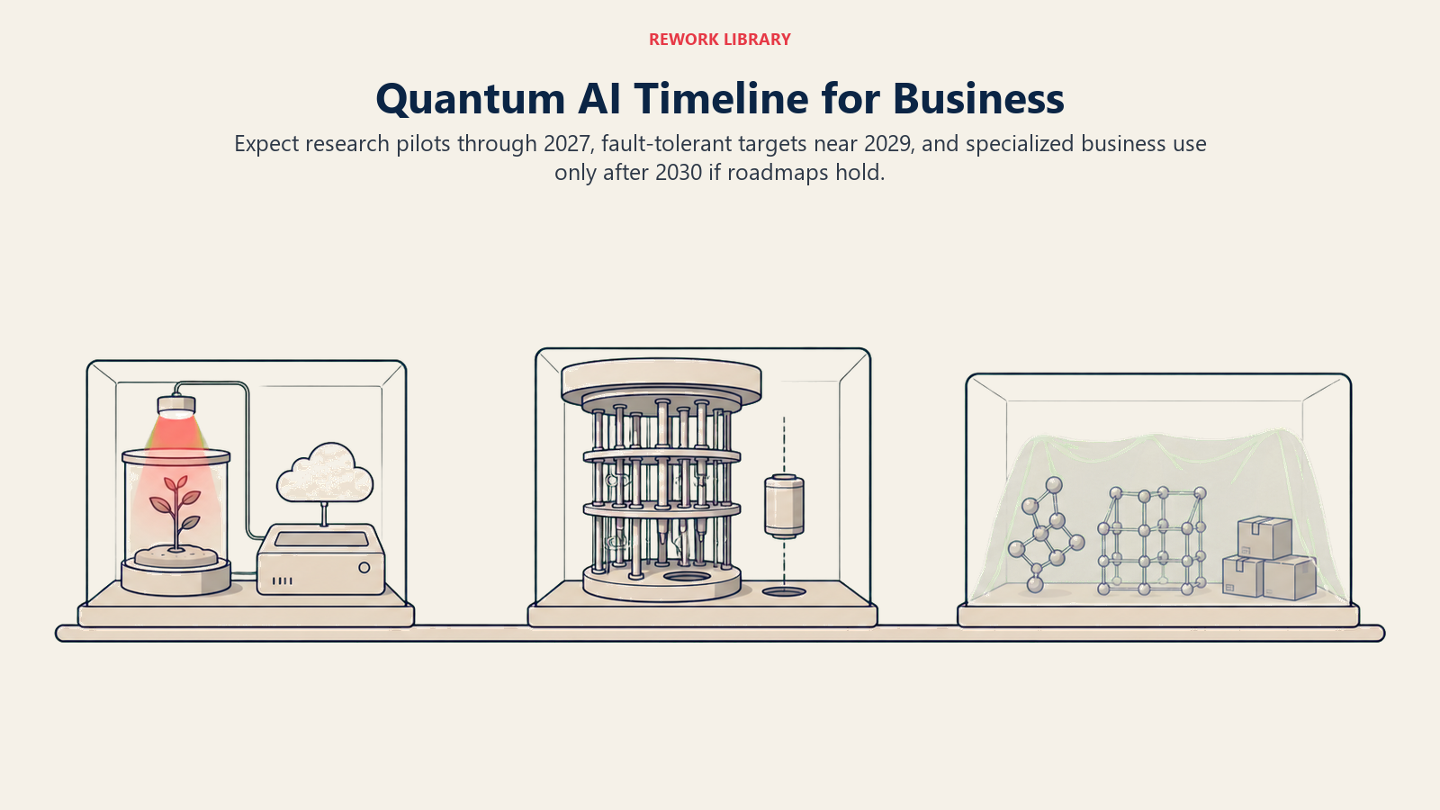 Quantum AI business timeline shown as research pilots, an unfinished fault-tolerant system, and a distant specialized application case