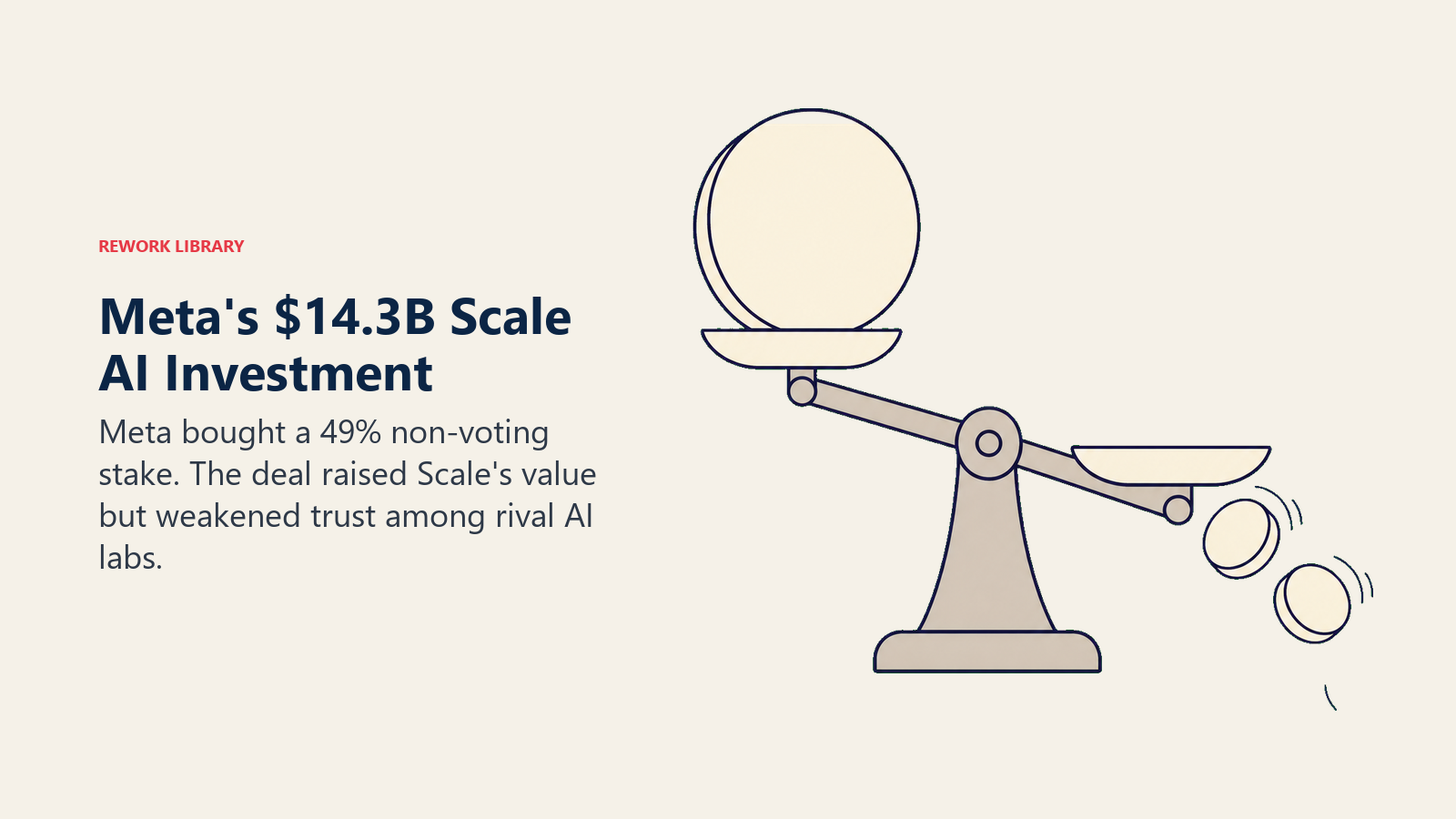 Meta's Scale AI investment shown as a large stake token tipping supplier neutrality while rival AI lab customers withdraw