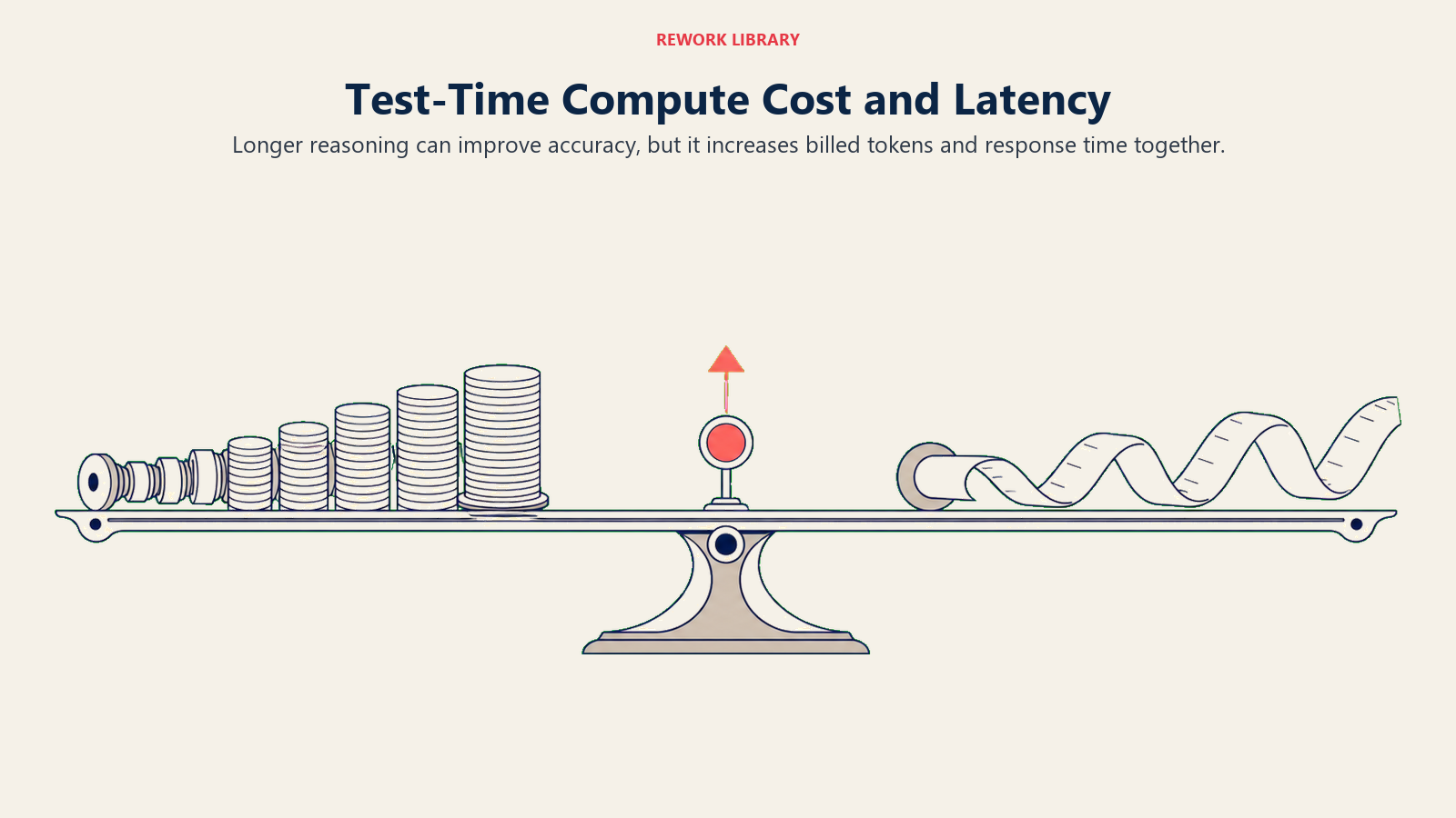 Test-time compute cost and latency shown as reasoning tokens and response time on one trade-off beam