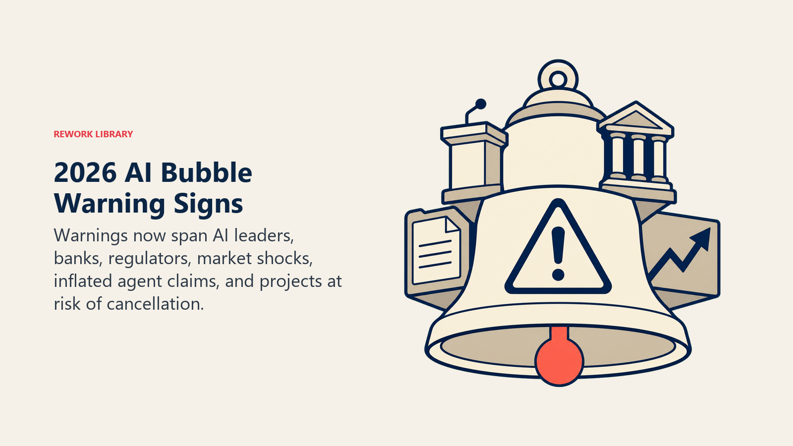 2026 AI bubble warning signs shown as a large alarm bell receiving signals from executives, banks, regulators, and markets