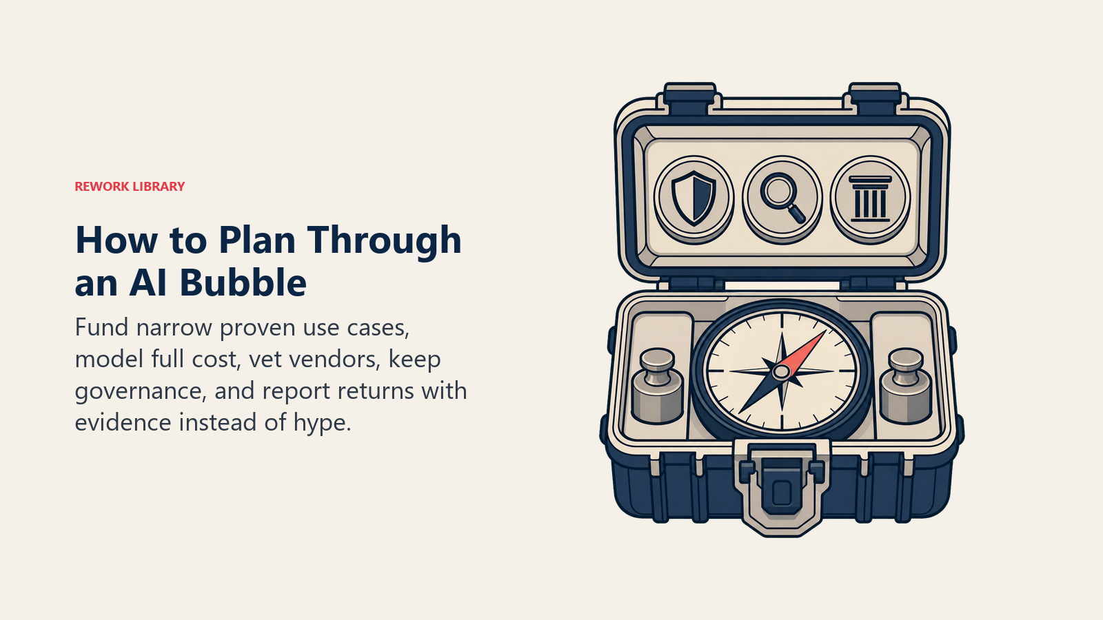 How to plan through an AI bubble shown as a stormproof investment compass secured by proof, cost, and governance controls