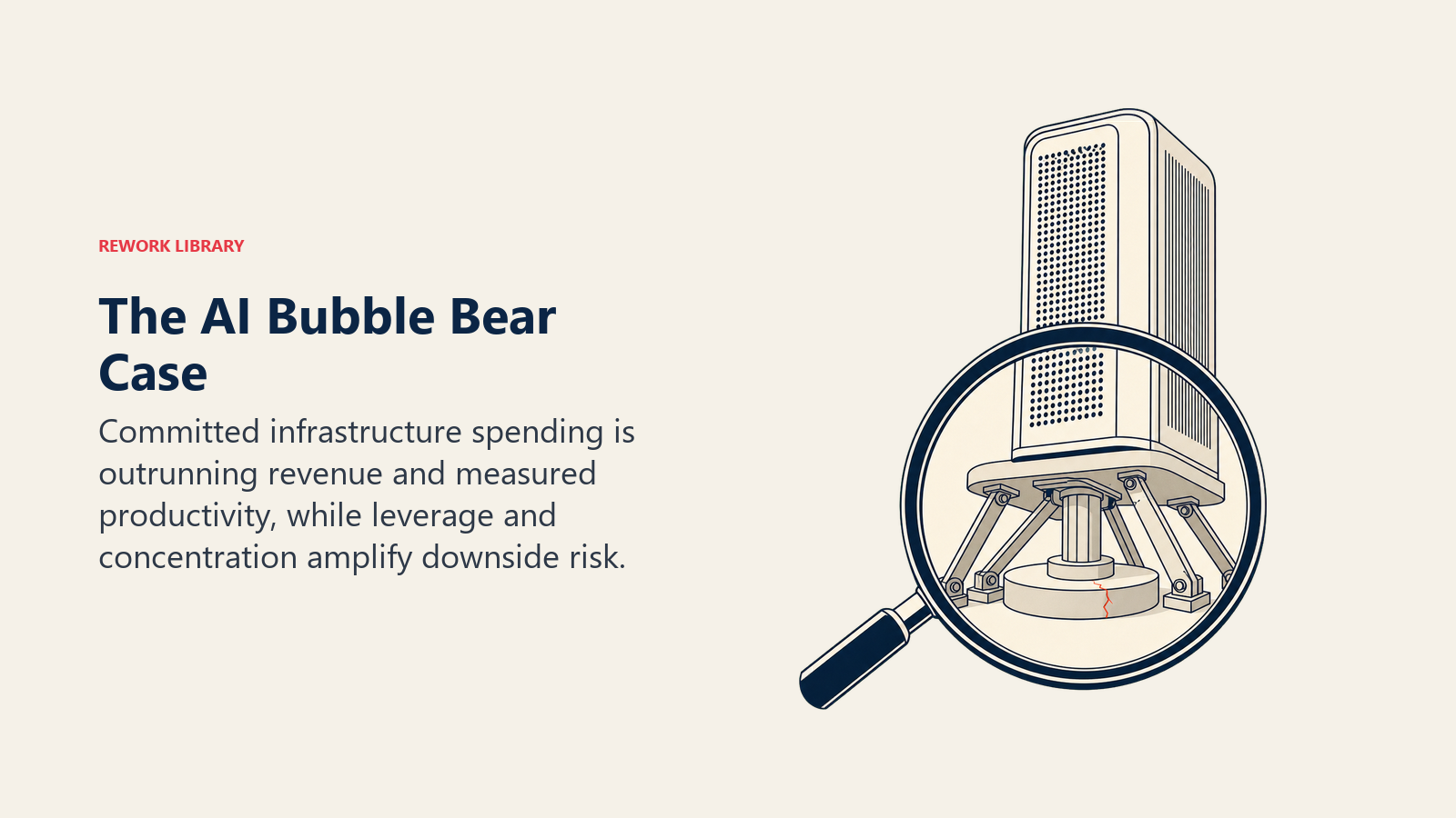 The AI bubble bear case shown through a stress lens revealing a compute tower on a small revenue base