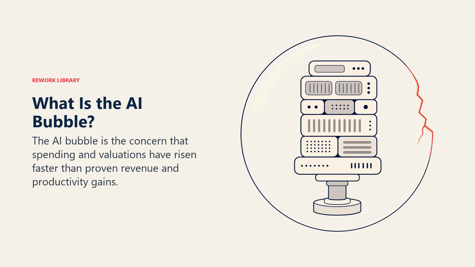 AI bubble shown as an inflated sphere holding a top-heavy compute tower above a small returns platform