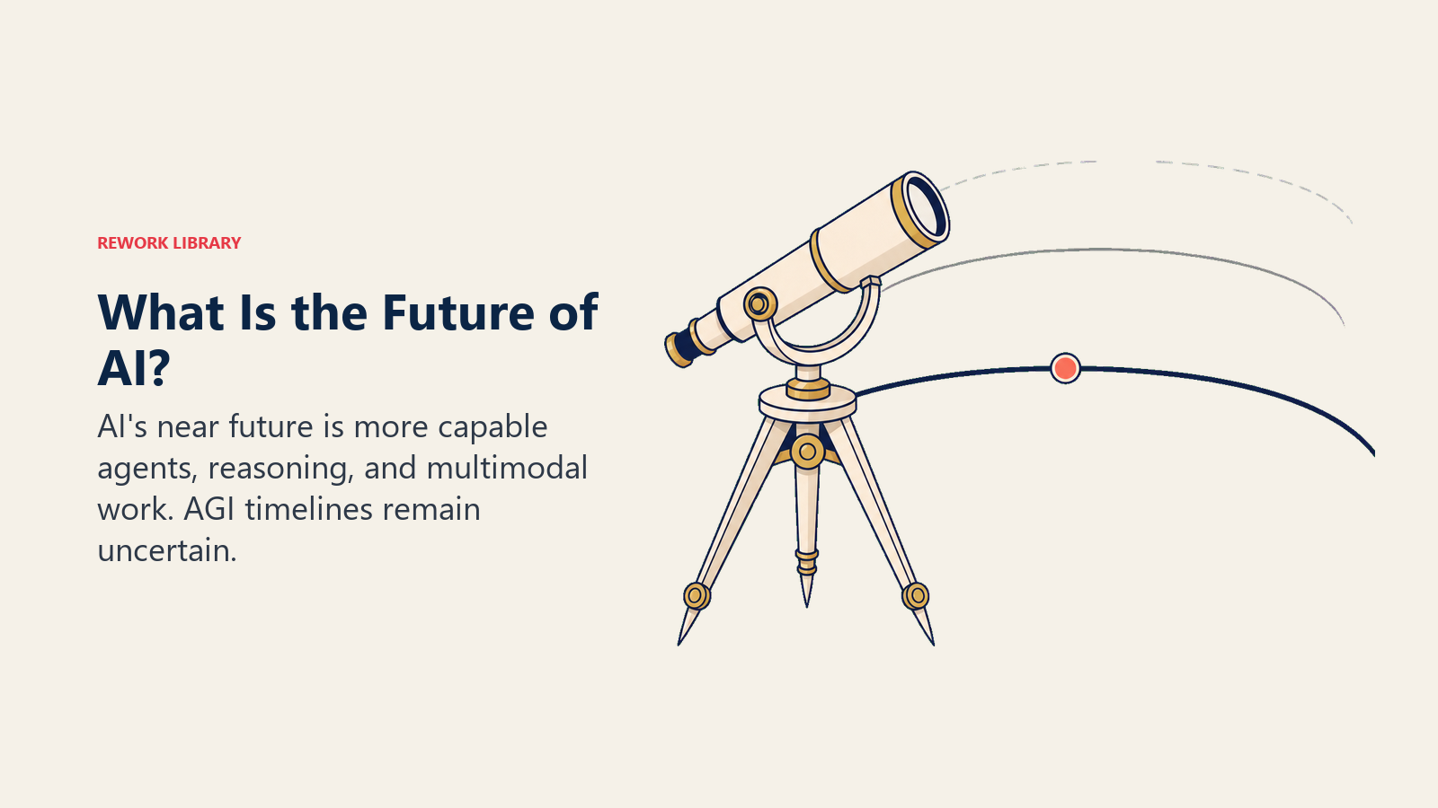 Future of AI outlook shown as a telescope-compass viewing clear near-term and uncertain distant horizons