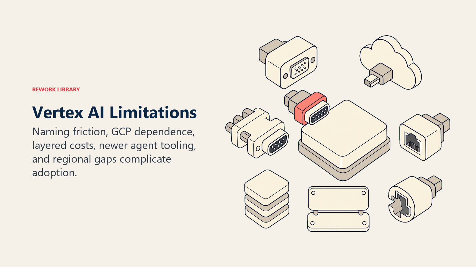 Vertex AI limitations shown as a platform prism meeting mismatched adapters for naming, cloud, cost, maturity, and regions