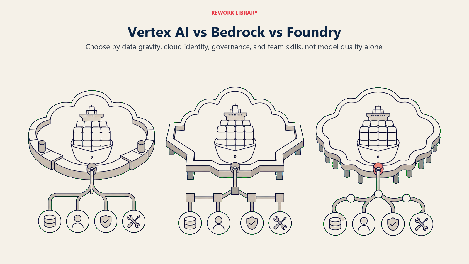 Vertex AI versus AWS Bedrock and Azure AI Foundry shown as three cloud ecosystems receiving the same model cargo