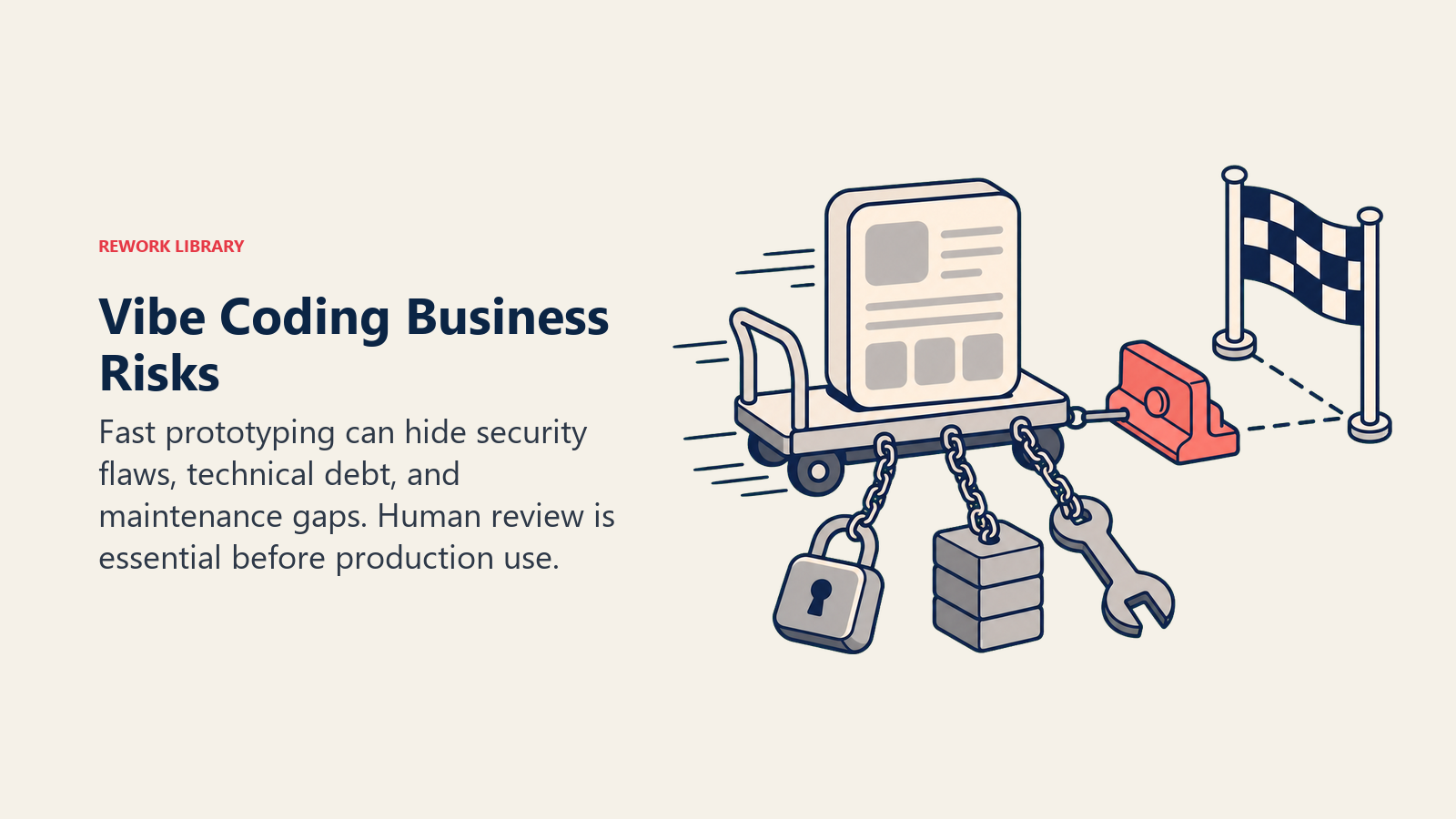 Vibe coding business risks shown as a fast prototype cart dragging security, debt, and maintenance weights