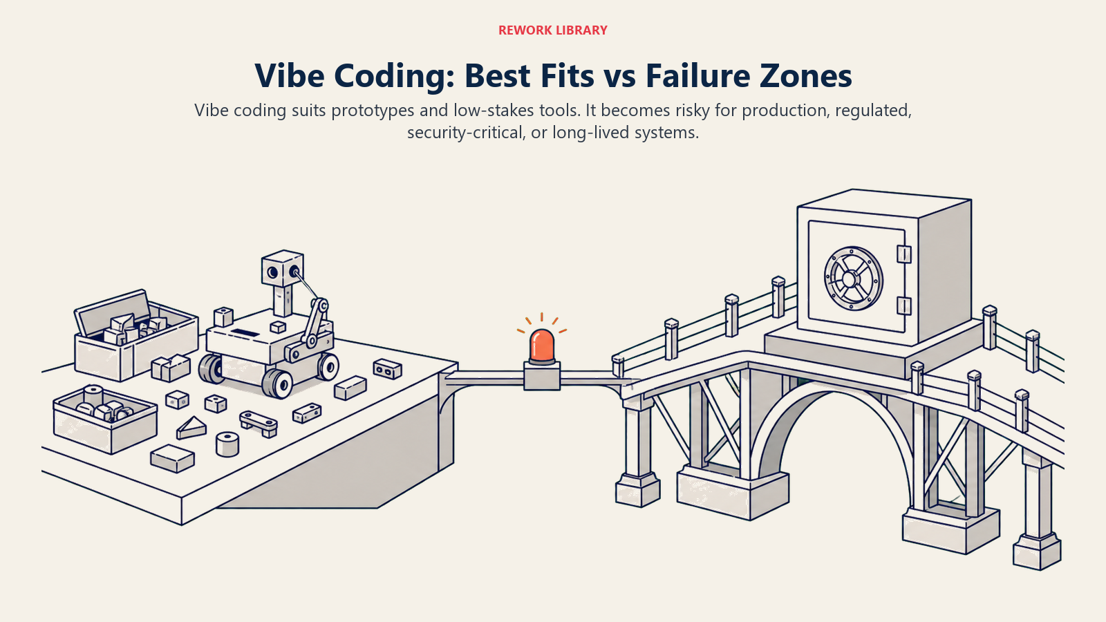 Vibe coding use cases compared as a quick prototype sandbox and a load-bearing production bridge