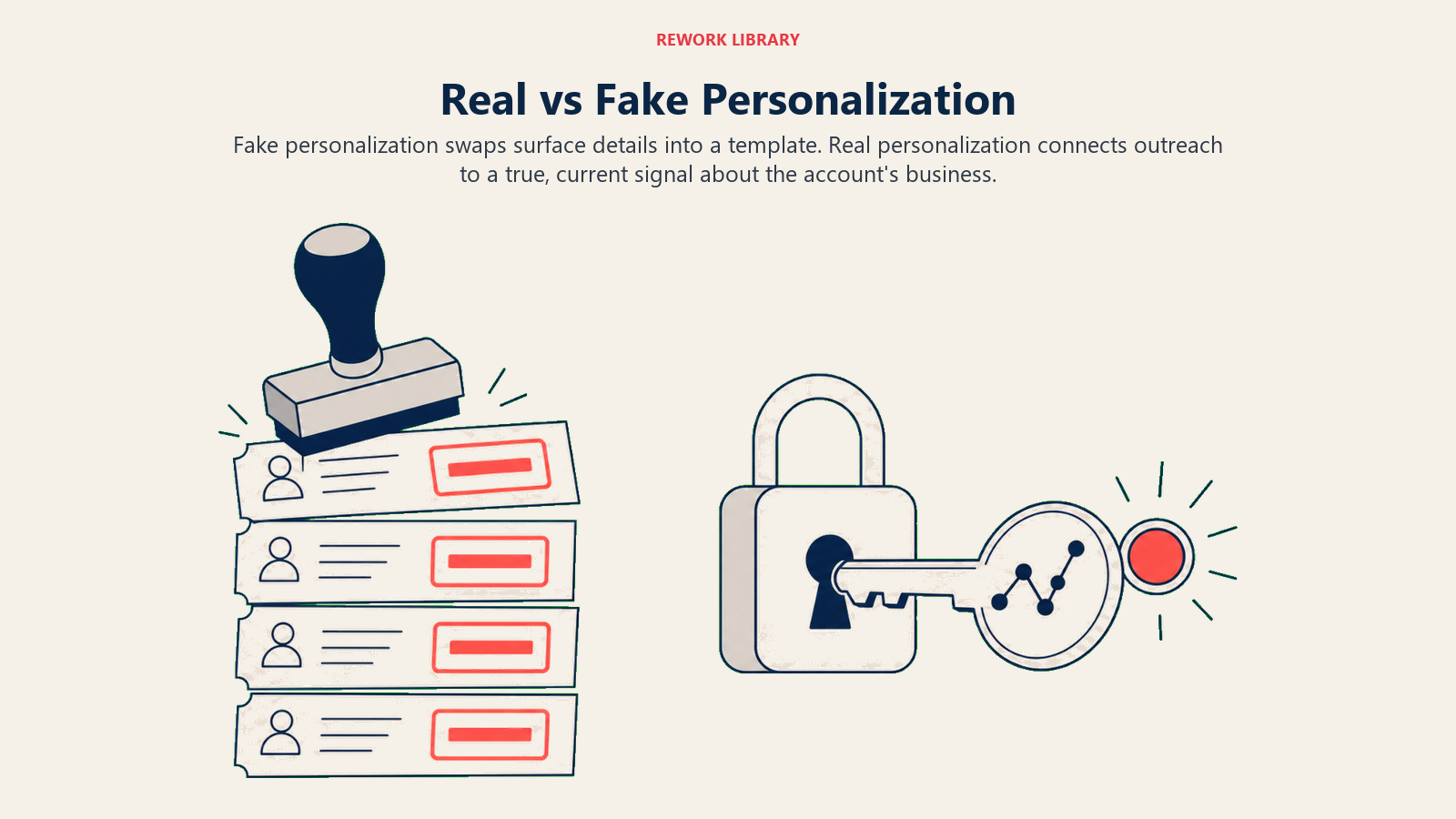Real versus fake personalization shown as repeated stamped templates compared with a company-specific signal key