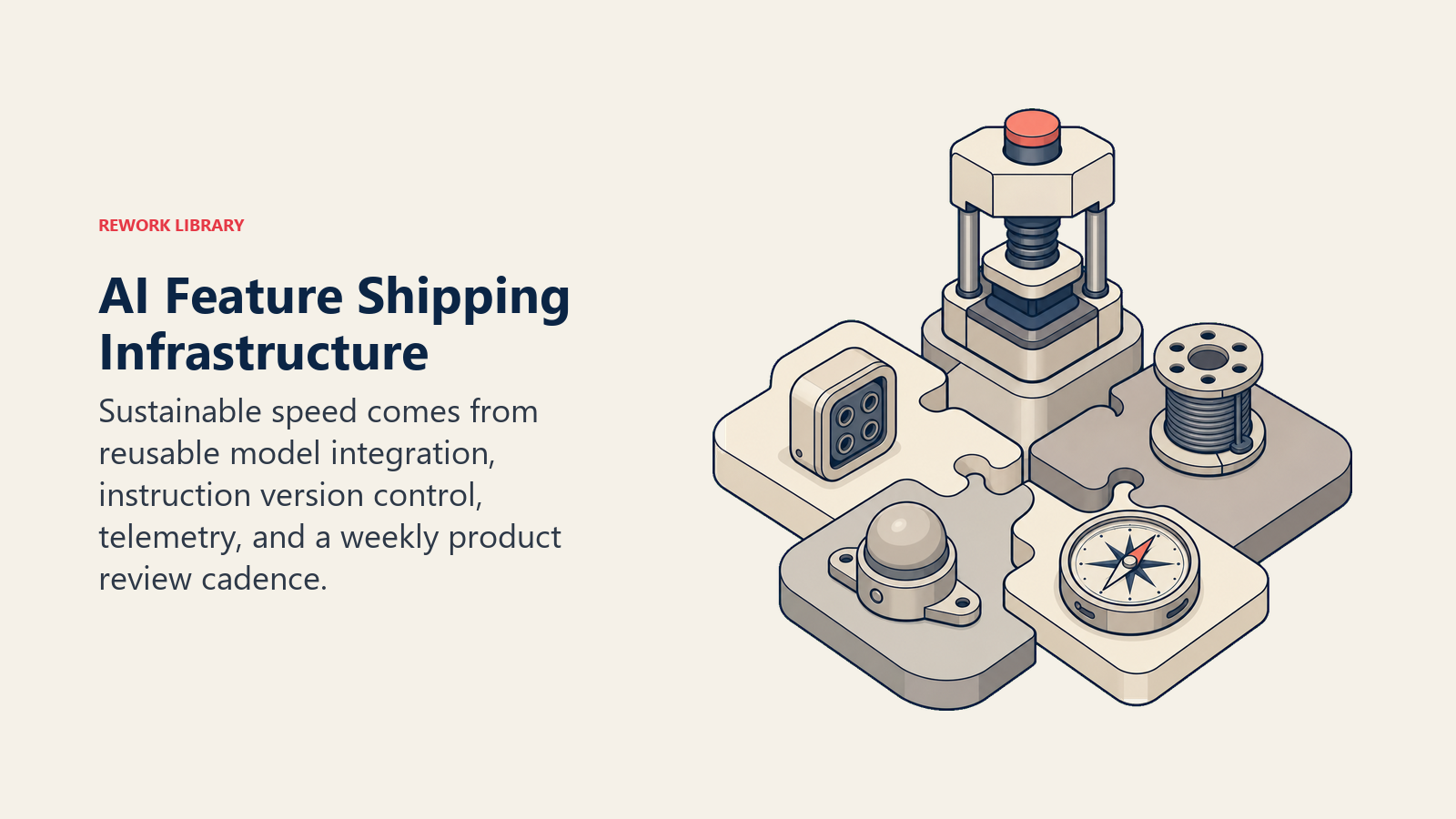 AI feature shipping infrastructure shown as model integration, instruction versioning, telemetry, and product discipline
