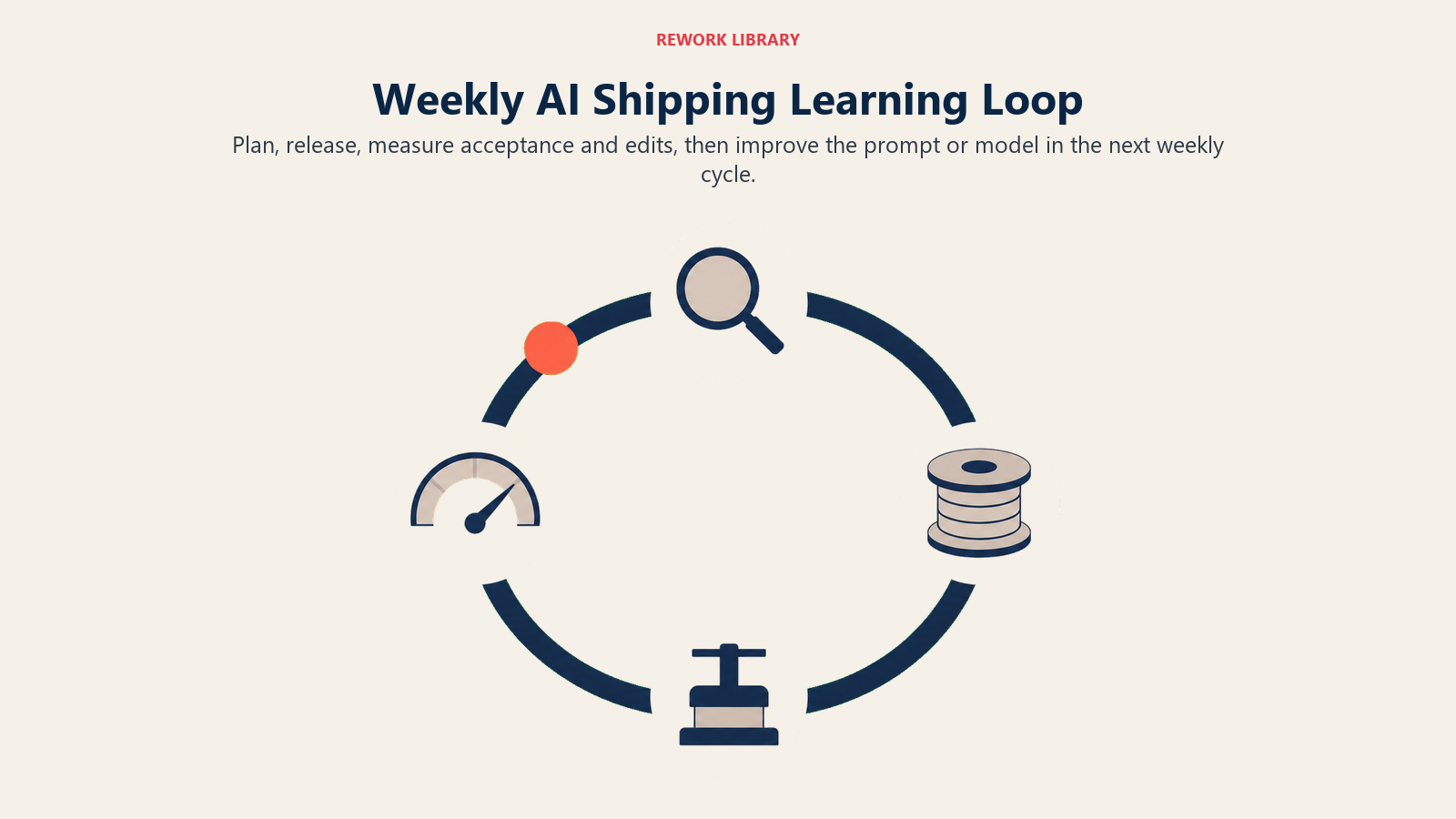 Weekly AI shipping learning loop connecting review, instruction improvement, release, and telemetry