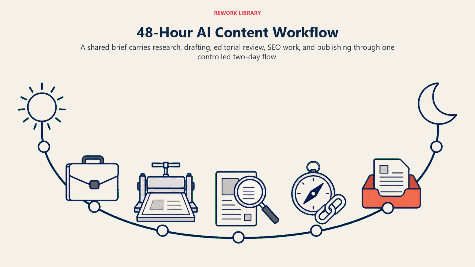 48-hour AI content workflow from brief and draft through editorial review, SEO, and publishing