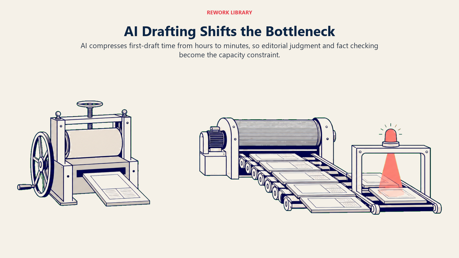 AI drafting bottleneck shift shown from slow first-draft production to concentrated editorial review