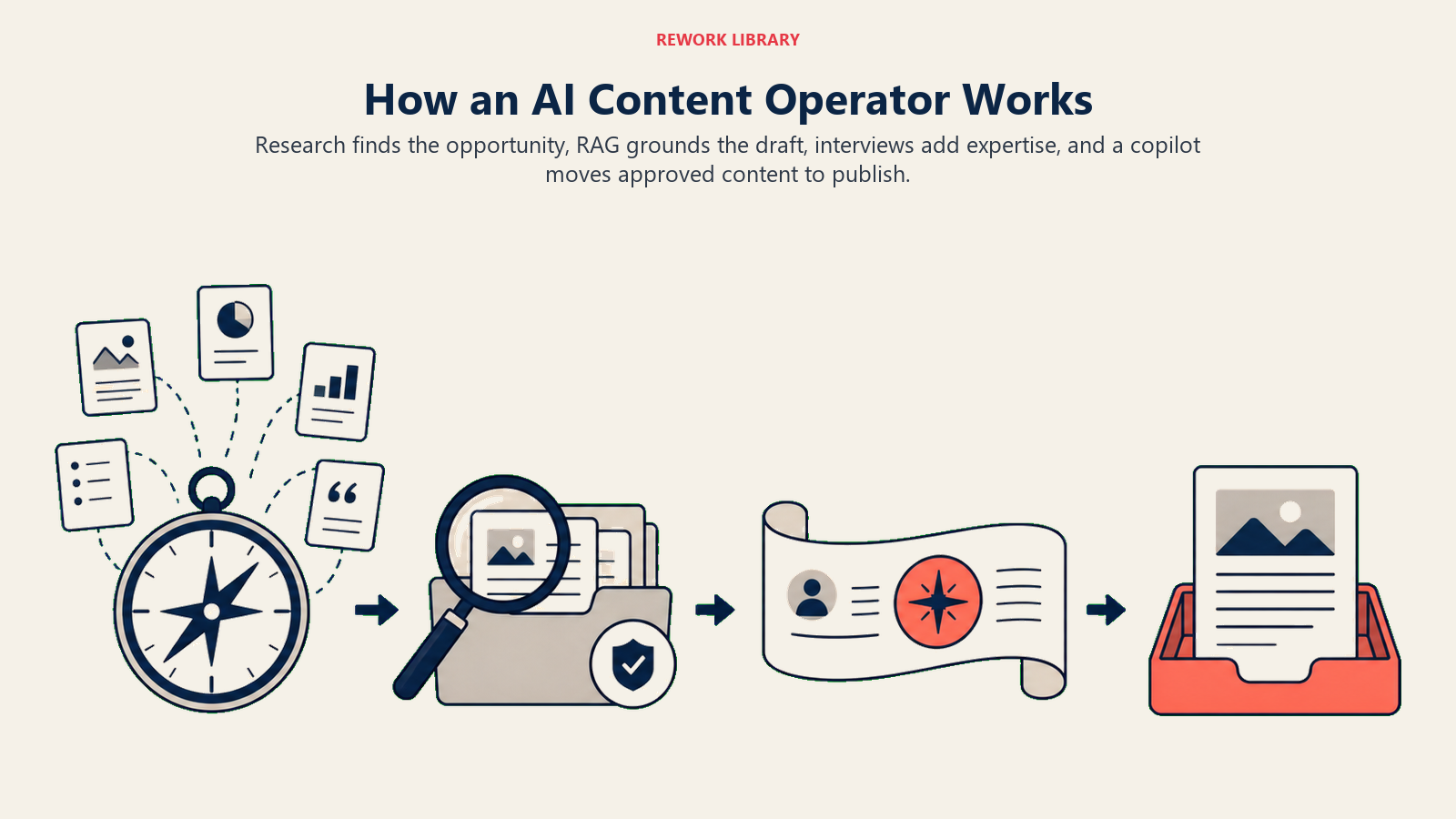 How an AI Content Operator works from research and RAG grounding through SME input and publishing