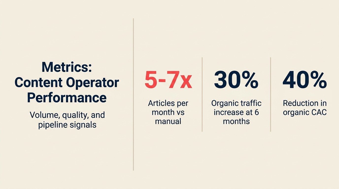 Metrics: Content Operator Performance cho thấy volume, quality, và pipeline signals