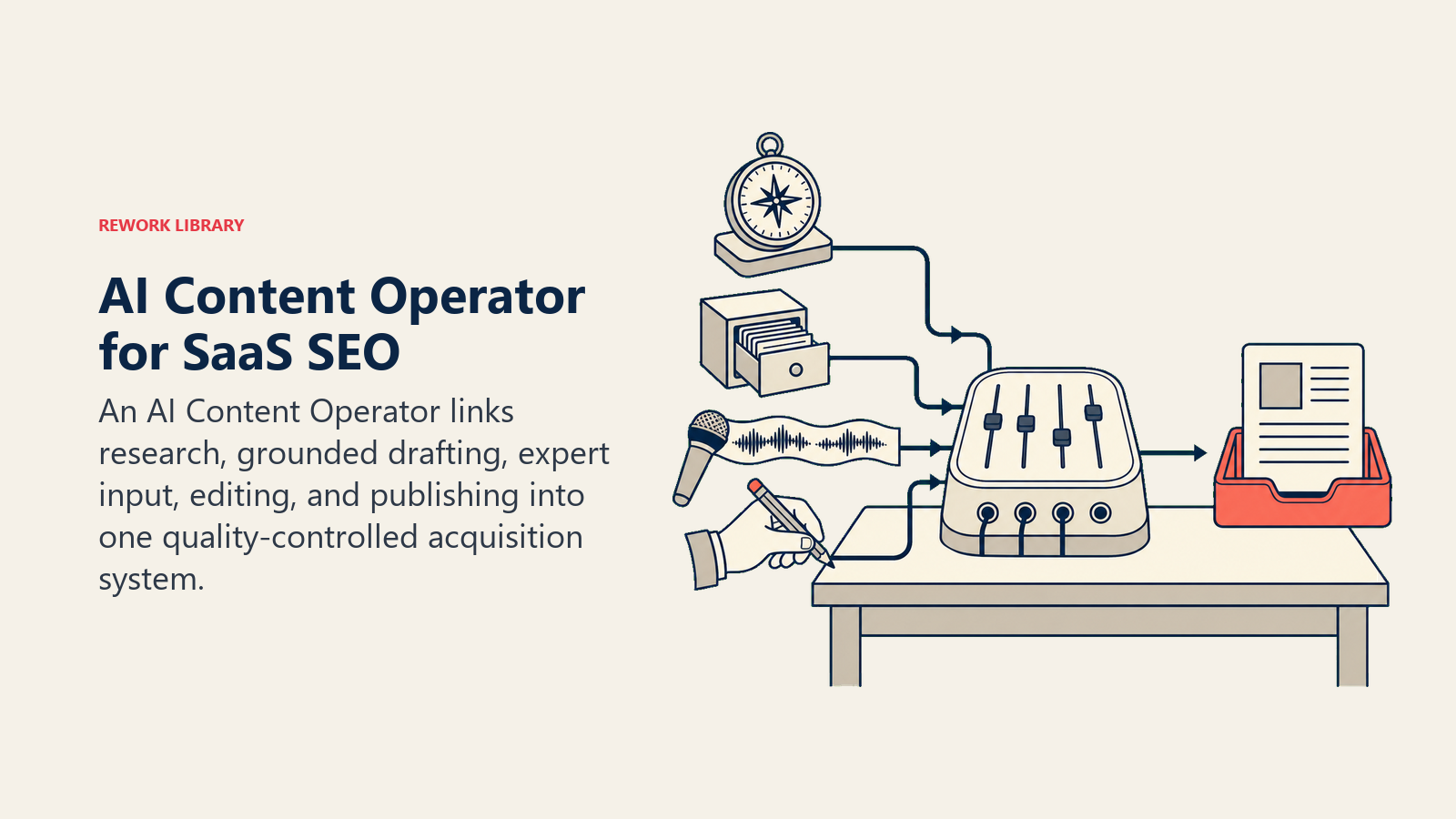 AI Content Operator for SaaS SEO shown as an editorial control pod coordinating grounded content production