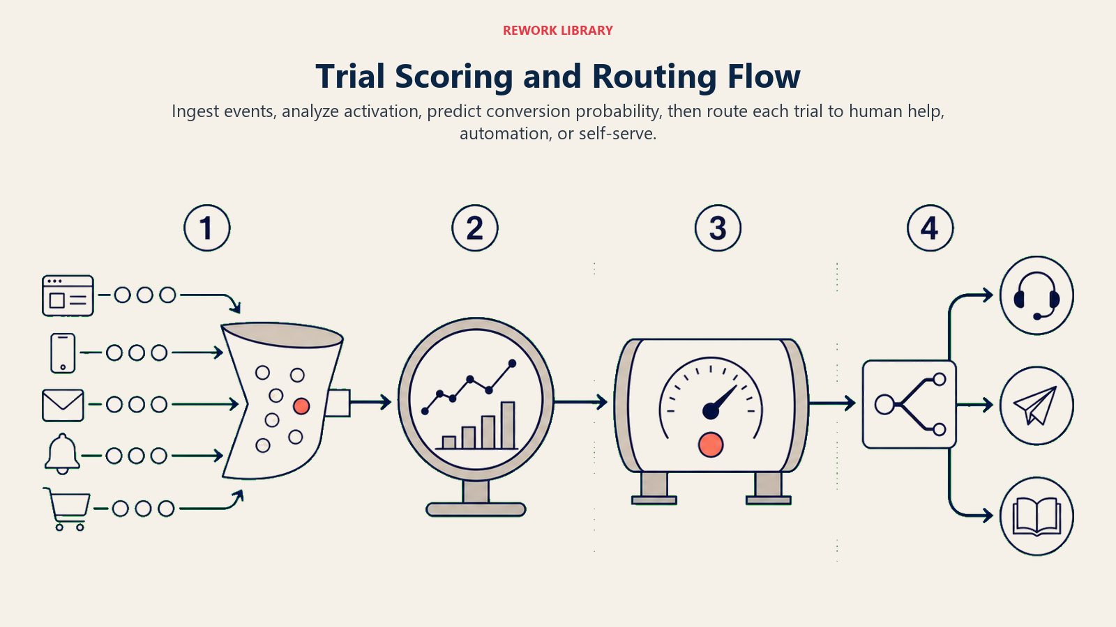 Trial scoring and routing flow from product events through analysis and prediction to three intervention paths