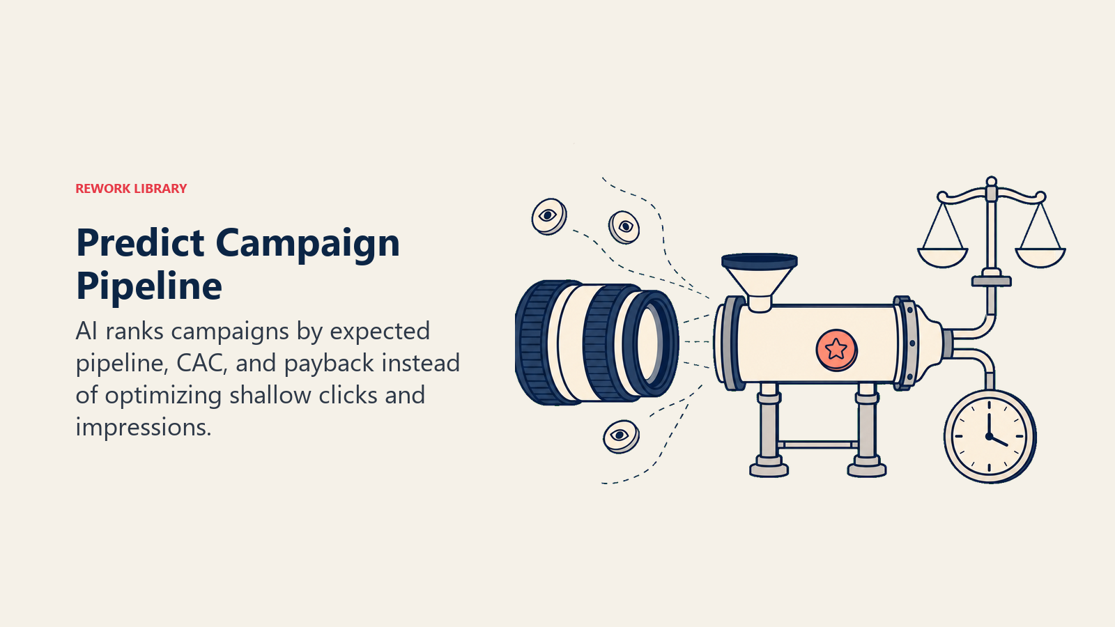 Campaign pipeline prediction illustrated as a focus lens discarding shallow engagement signals for revenue outcomes