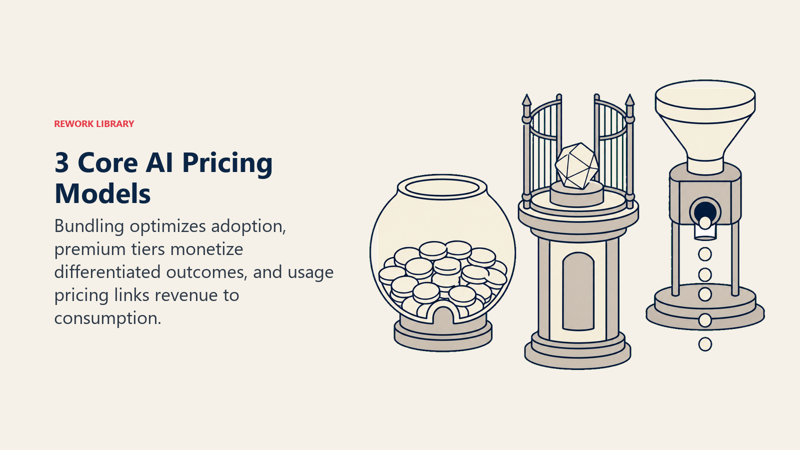 Three core AI pricing models illustrated as bundled, gated premium, and metered usage vessels