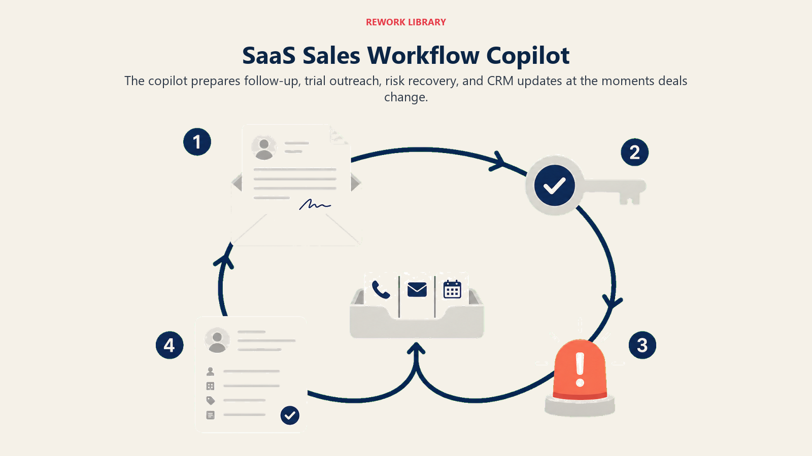 SaaS sales workflow copilot cycling through post-demo follow-up, trial outreach, deal risk, and CRM updates
