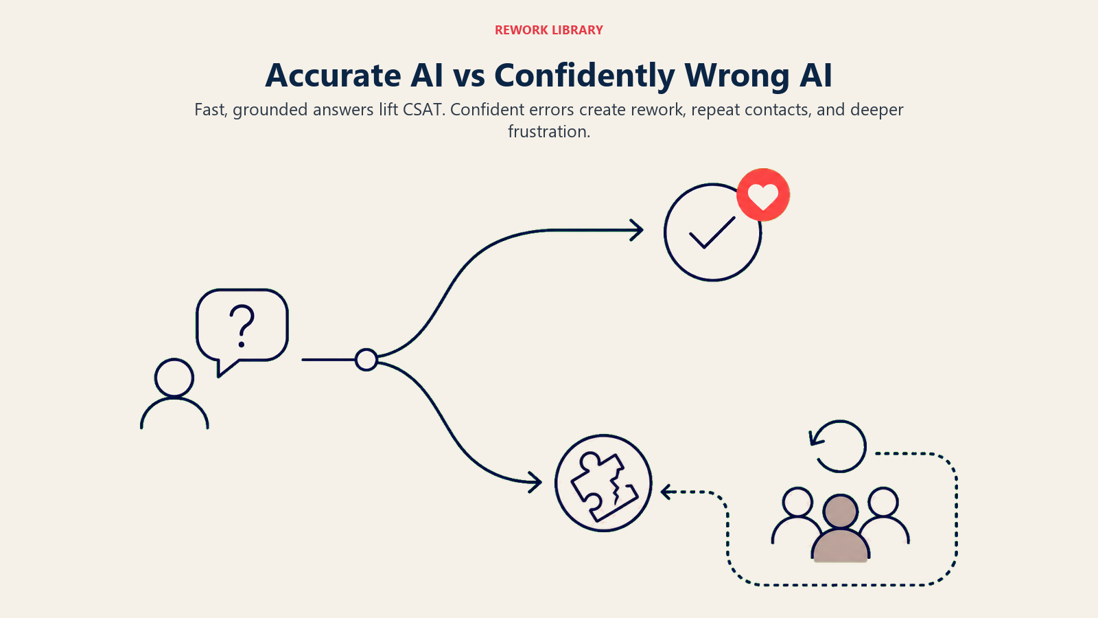 Accurate AI versus confidently wrong AI shown as a direct support resolution route and a looping repeat-contact path