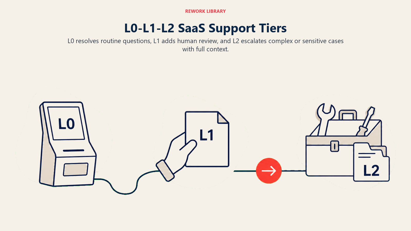 L0 L1 L2 SaaS support tiers shown as a three-station route from AI self-service to specialist escalation