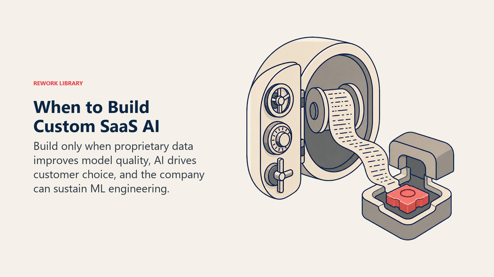 When to build custom SaaS AI shown as a three-lock proprietary data vault feeding a bespoke model forge