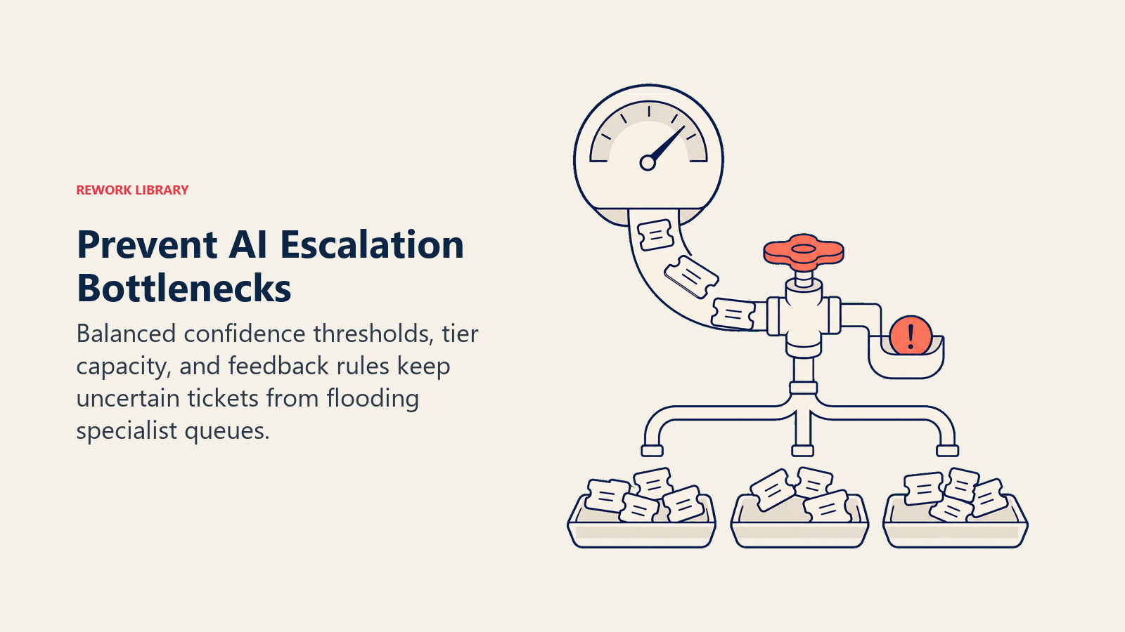 AI escalation bottleneck prevention shown as a pressure valve balancing support tickets across service tiers