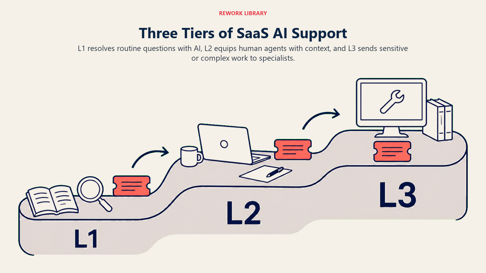 Three tiers of SaaS AI support shown as an ascending route from AI self-service to assisted agents and expert specialists