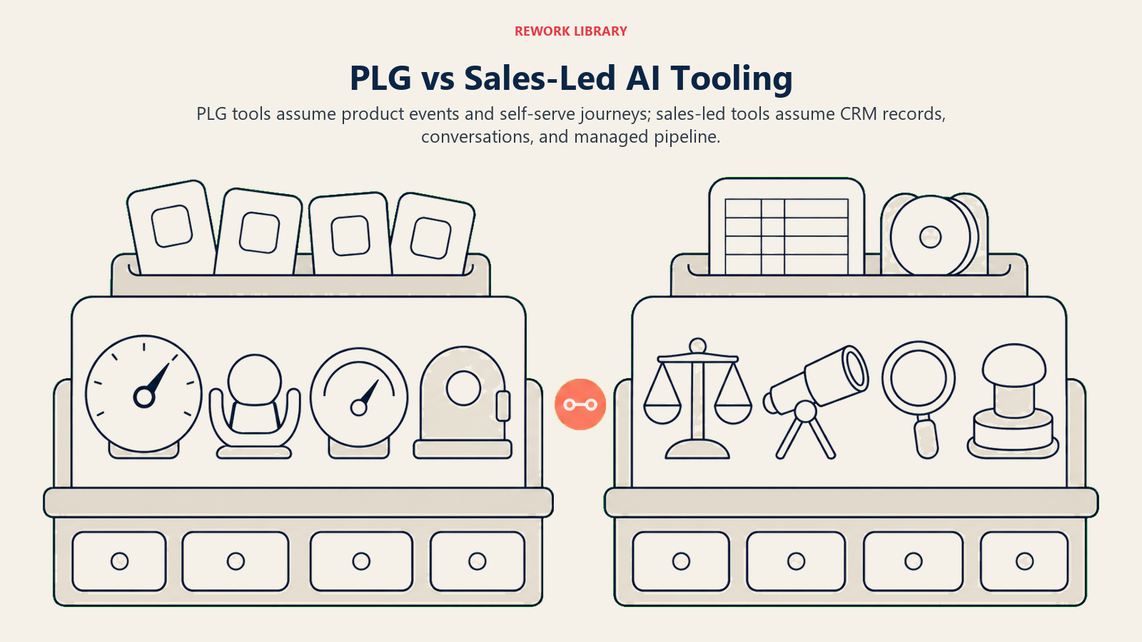 PLG vs sales-led AI tooling compared as product-event and CRM-conversation toolbenches with different input sockets