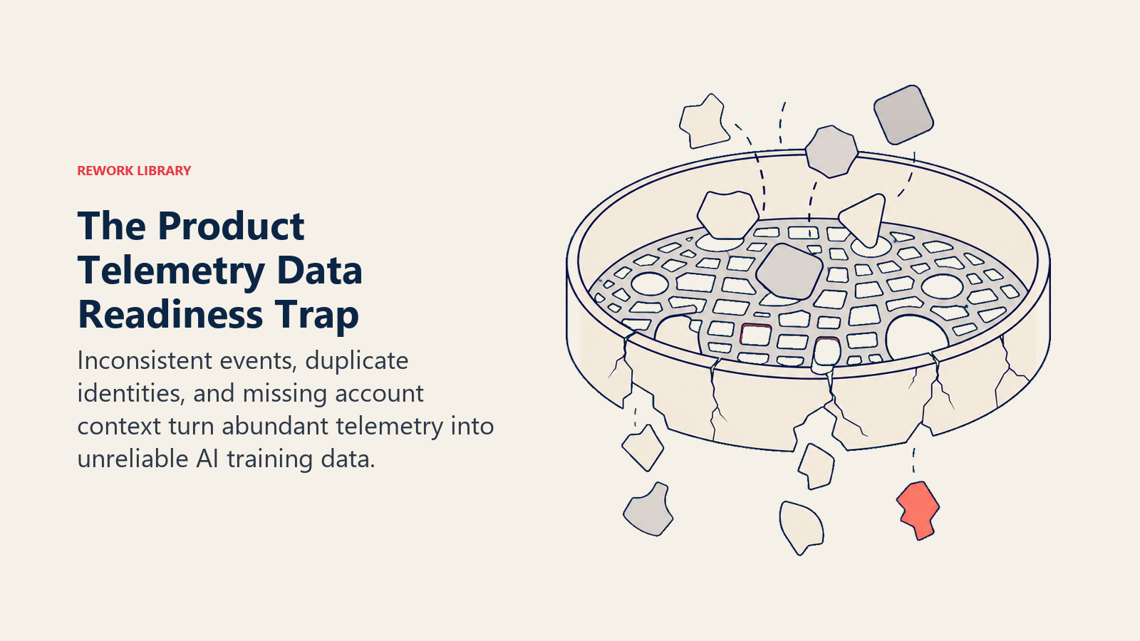 Product telemetry data readiness trap shown as inconsistent event tokens leaking through a cracked calibration sieve