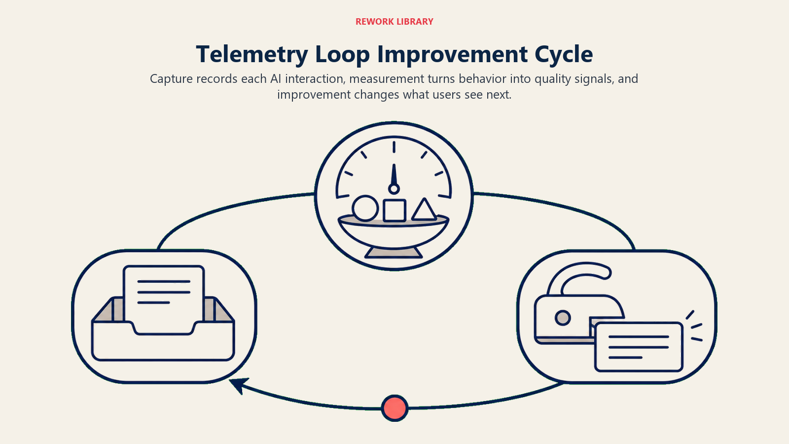 Telemetry loop improvement cycle with capture, measurement, improvement, and a return path to the next AI interaction