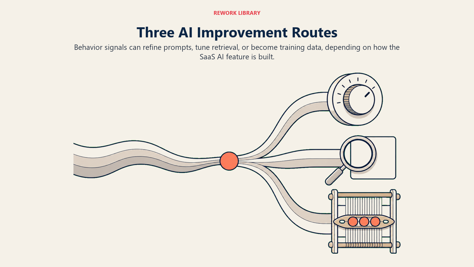 AI improvement routes showing telemetry branching into instruction refinement, retrieval tuning, and model training