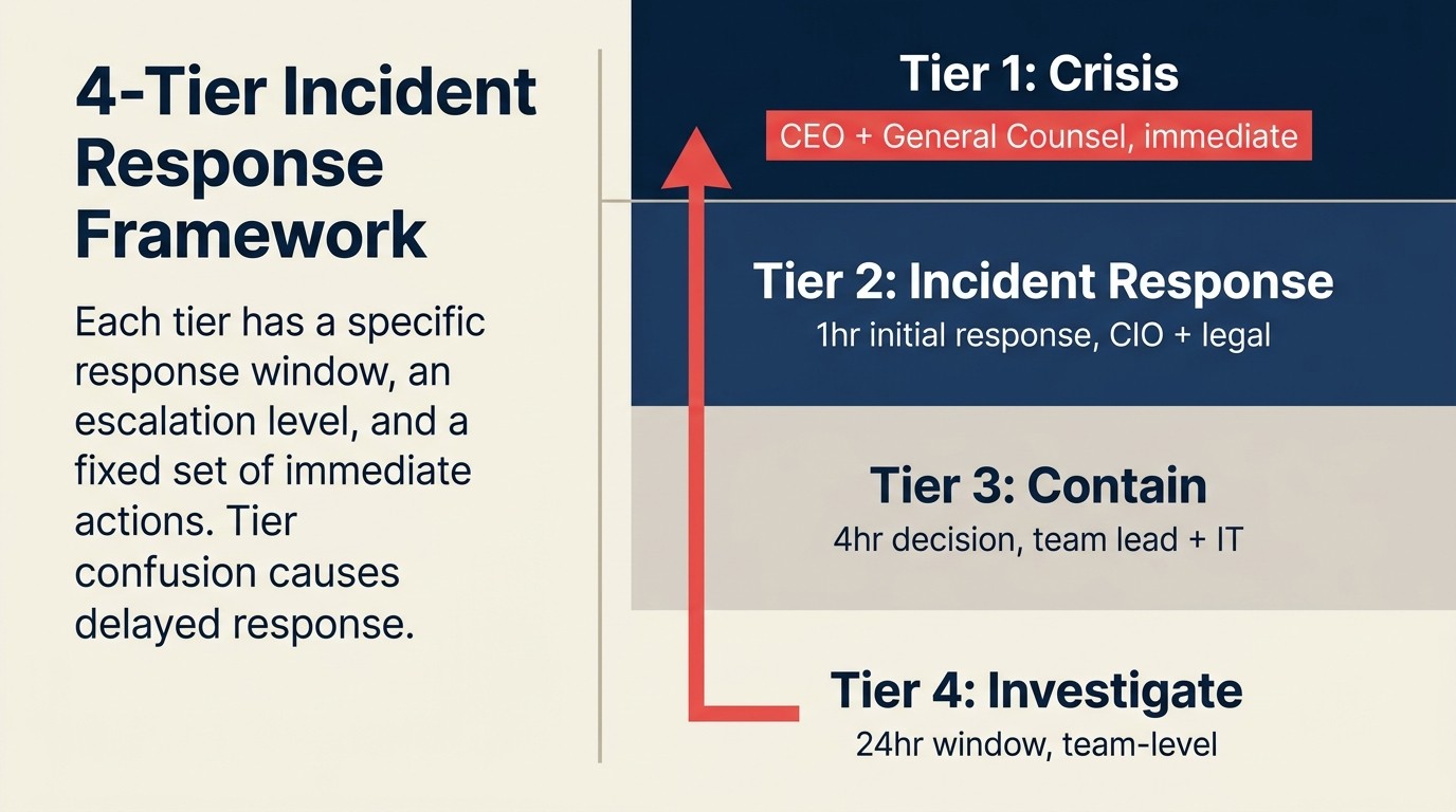 Framework incident response AI 4 tầng từ Tầng 4 điều tra nội bộ đến phản ứng khủng hoảng lãnh đạo Tầng 1 với cửa sổ phản ứng và đường leo thang