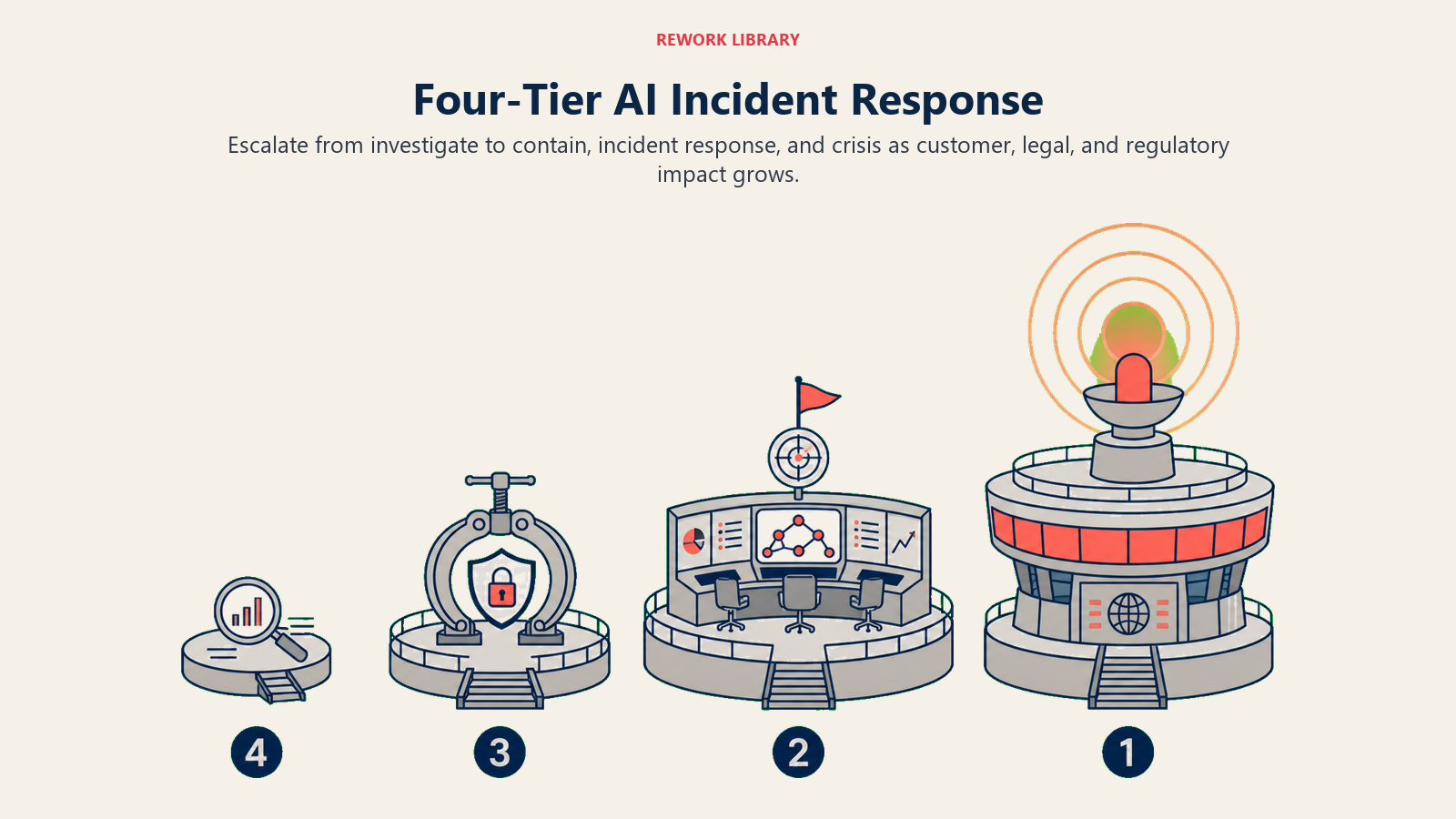 Four-tier AI incident response framework escalating from investigation and containment to incident response and crisis