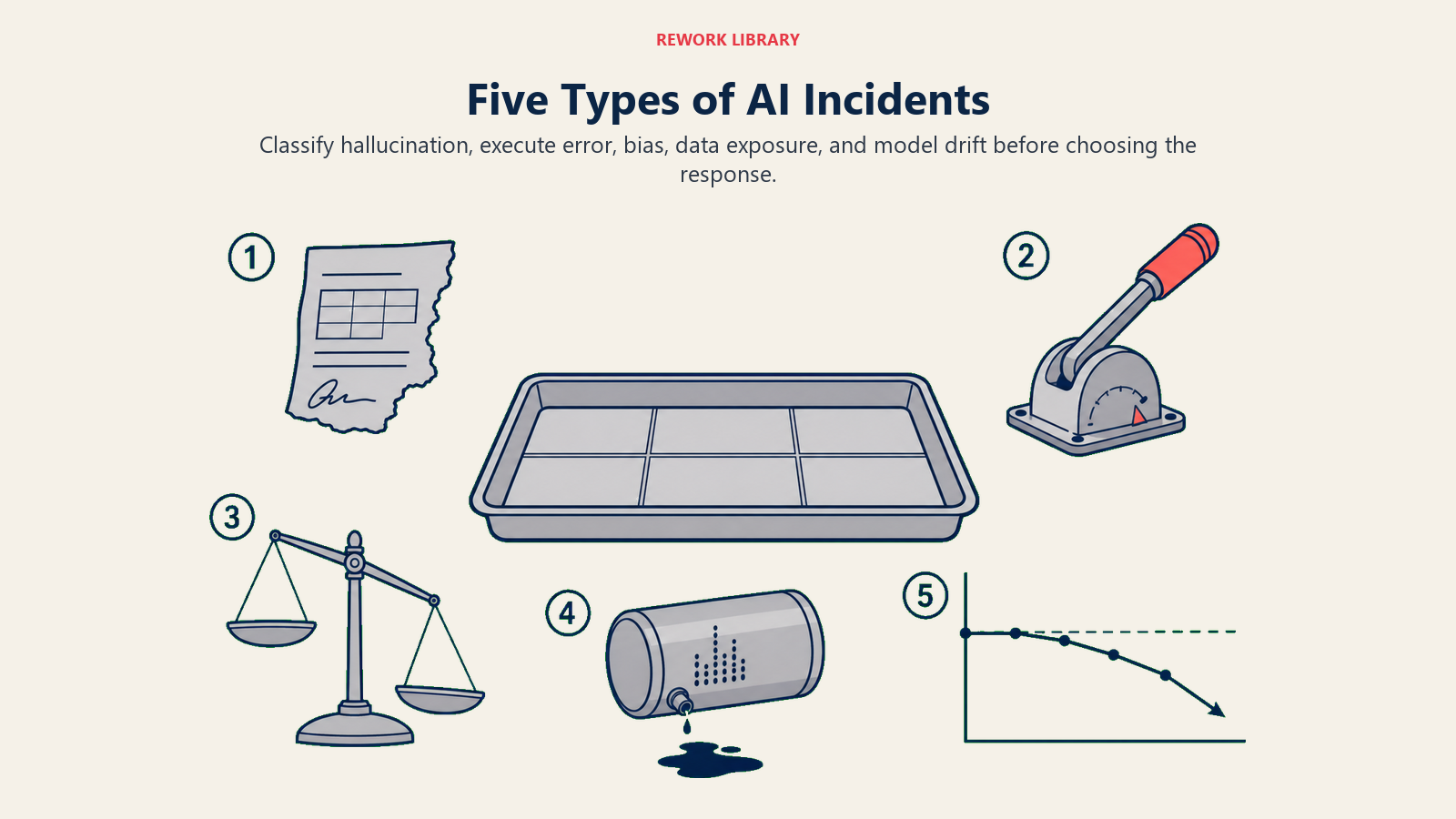 Five types of AI incidents shown as hallucination, execute error, bias, data exposure, and model drift evidence