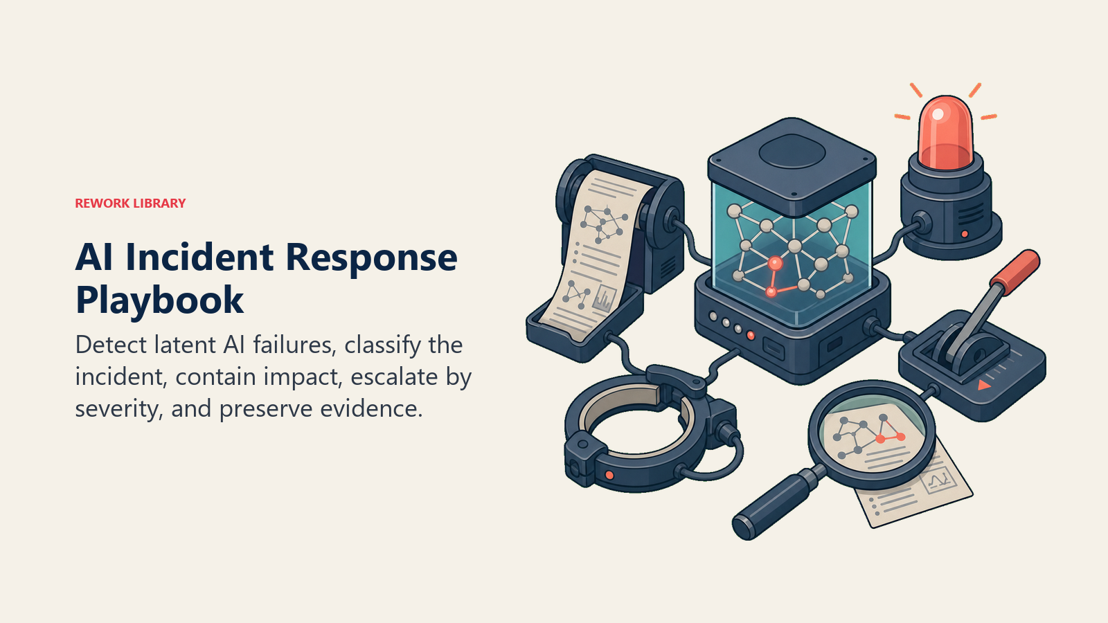 AI incident response playbook shown as an evidence, containment, escalation, and reversal command kit