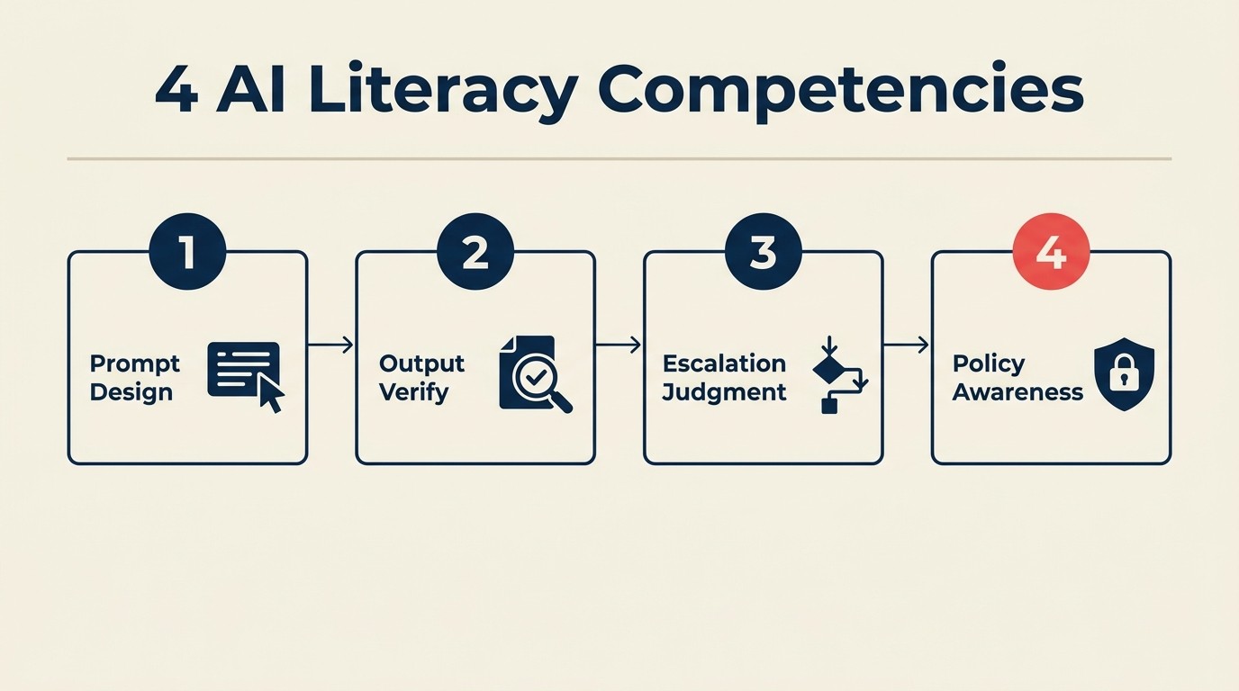 Framework AI literacy bốn thành phần hiển thị prompt design, verification, escalation judgment và policy awareness