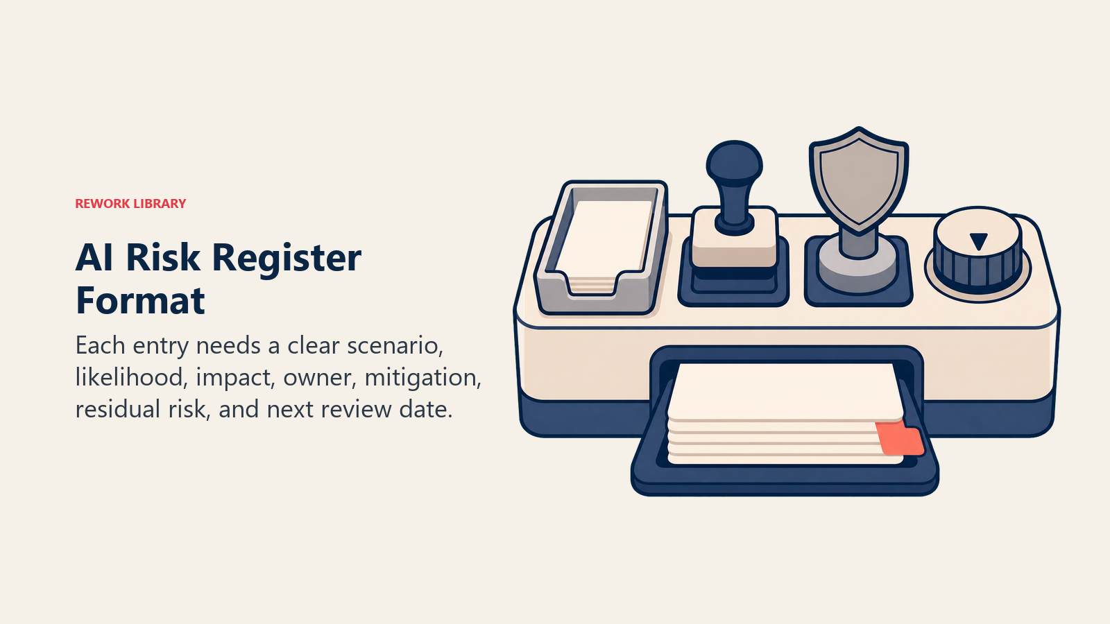 AI risk register format using ownership, mitigation, scoring, and review controls