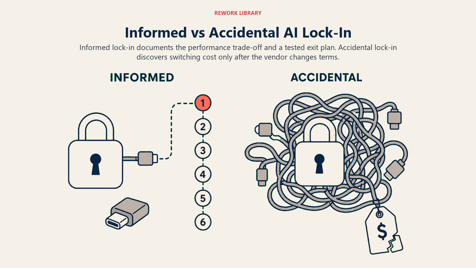 Informed versus accidental AI vendor lock-in shown as a documented exit route compared with a tangled dependency discovered too late.