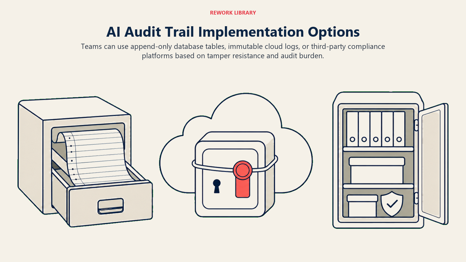 AI audit trail implementation options illustrated as an append-only ledger, immutable cloud archive, and compliance evidence cabinet