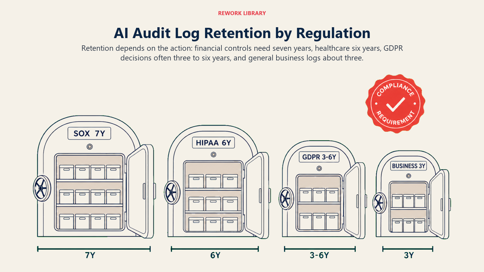 AI audit log retention by regulation illustrated as four archive vaults with different time bands