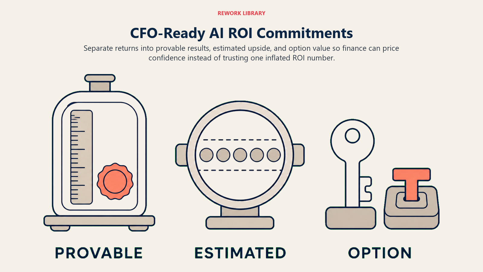 CFO-ready AI ROI commitments shown as separate vessels for provable results, estimated upside, and strategic option value.