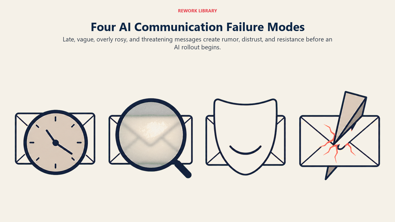 Four AI communication failure modes represented by late, vague, rosy, and threatening messages