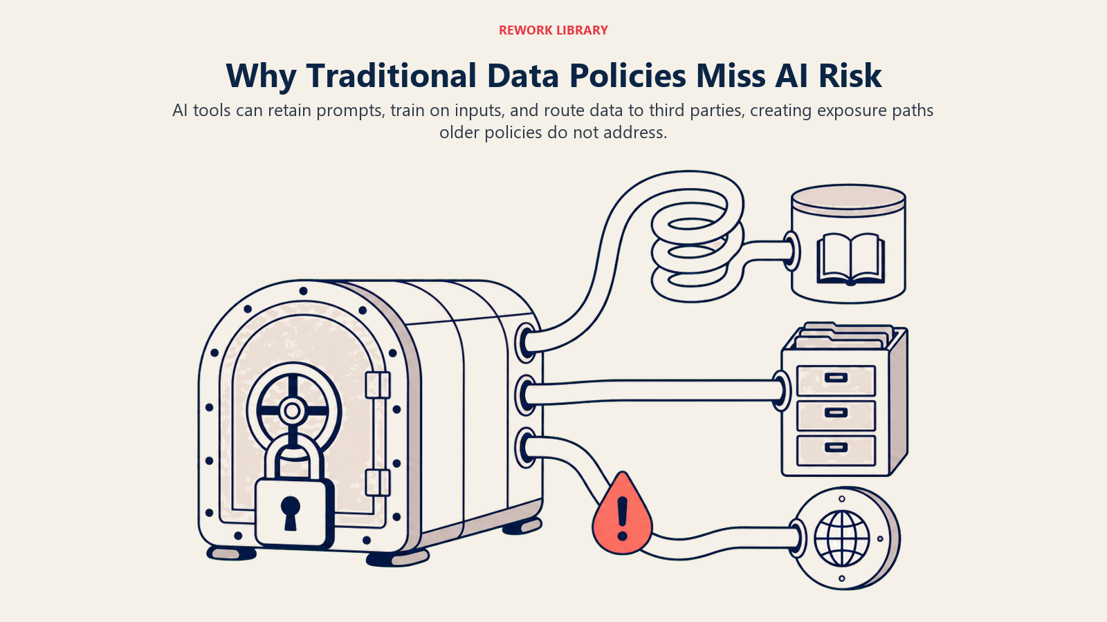 Traditional data policy vault with AI-specific exposure paths for training, retention, and third-party routing