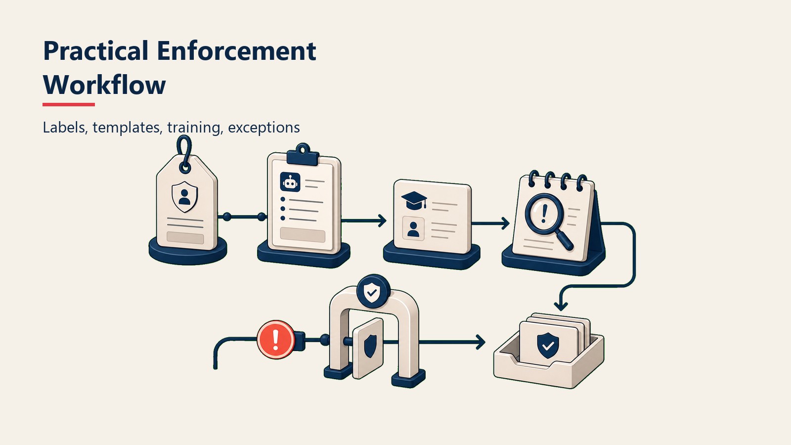 Practical AI data enforcement workflow using labels, prompt templates, training, incident review, and exception gates