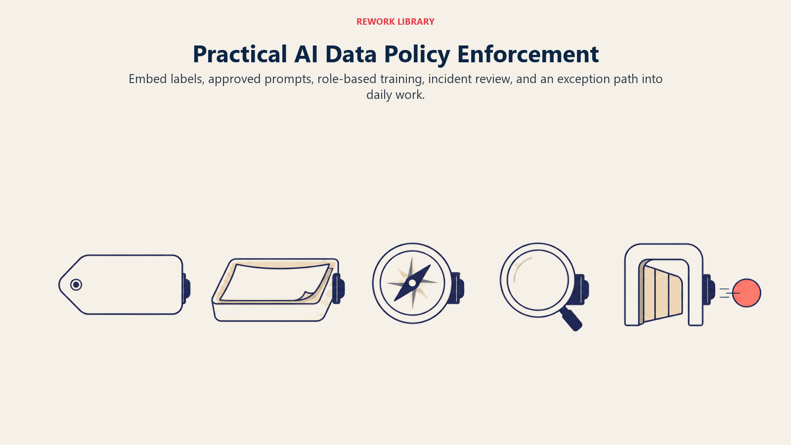 Practical AI data policy enforcement using labels, approved prompts, training, incident review, and an exception gate