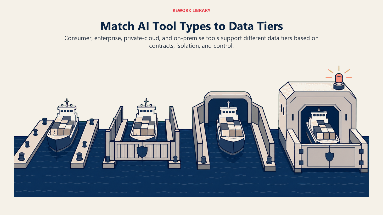 AI tool types matched to data tiers through consumer, enterprise, private-cloud, and on-premise security harbors