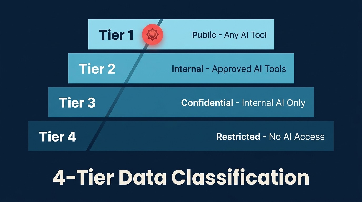 4-tier data classification framework cho các quyết định AI access, ánh xạ tier đến các danh mục AI tool được phê duyệt