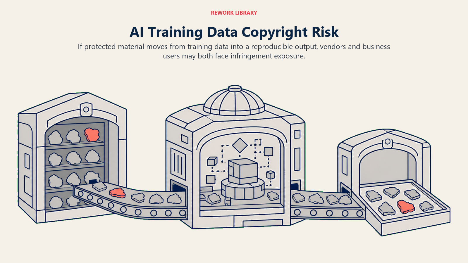 AI Training Data Copyright Risk shown as provenance stream carrying a protected fragment